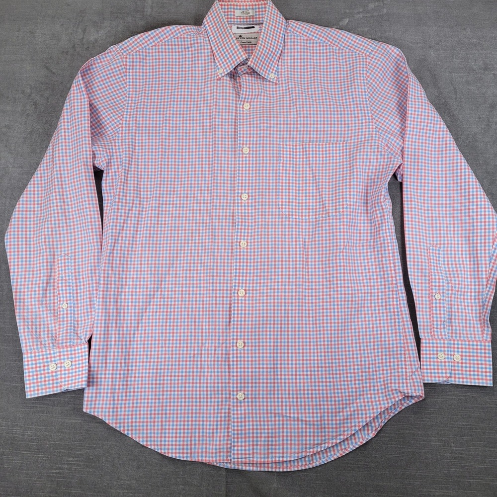 Peter Millar Crown Finish Mens Medium Shirt Pink Blue Gingham Button Down Cotton